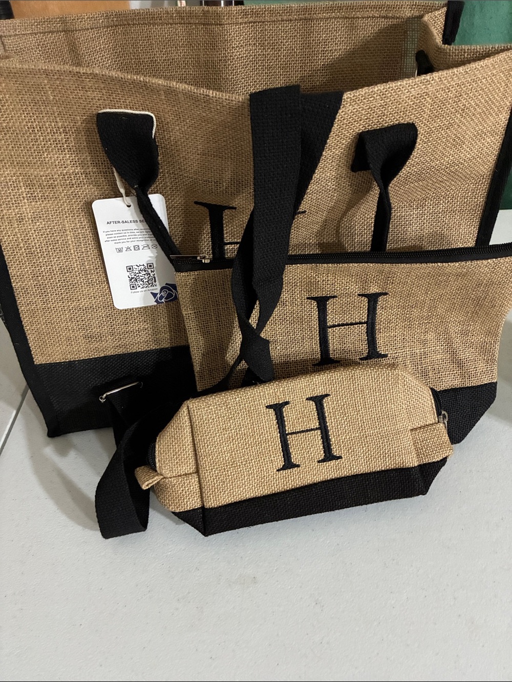 H Monogram Beige and Black Tote & Pouch Set